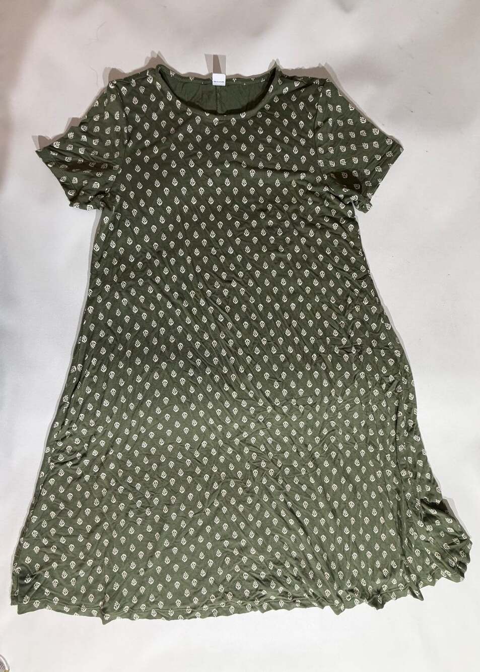 Old Navy Olive Green Leaf Print Short Sleeve Swing Dress Womens M